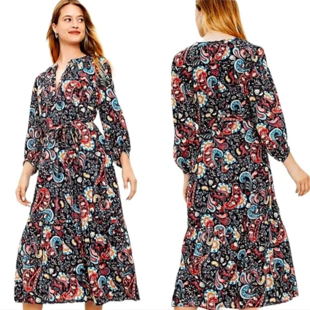 Loft NWT Paisley Metallic Shimmer tie neck animal floral pattern midi dress Lp
